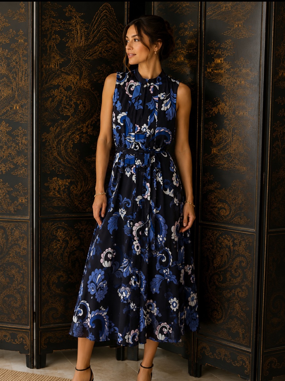 Ann Taylor floral free flowing comfy blue SLEEVELESS DRESS sz 0 EUC